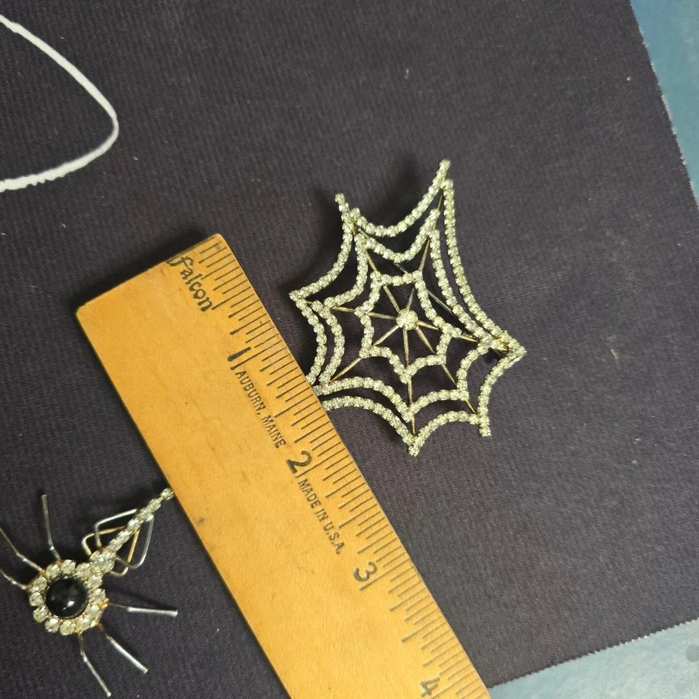 Vintage Silver Tone Rhinestone Spider Web Dangle Brooch Pin Black Cabochon 5in